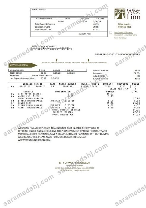 USA Oregon City of West Linn utility bill template in Word and PDF format
